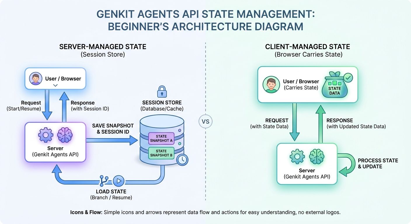 Colorful architecture diagram comparing Genkit server-managed state, client-managed state, snapshots, tools, artifacts, and frontend streaming