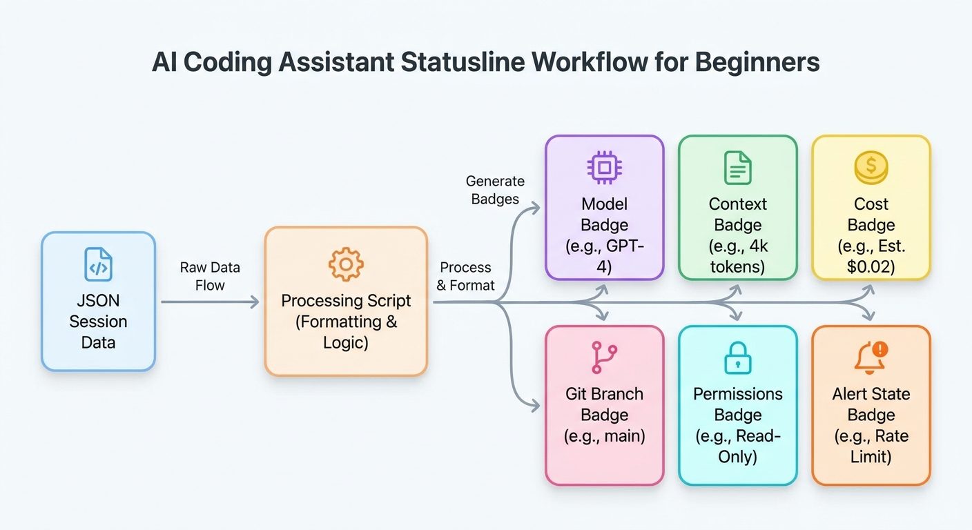 Colorful workflow diagram showing Claude Code statusline inputs including permissions, git state, cost, context, and model selection