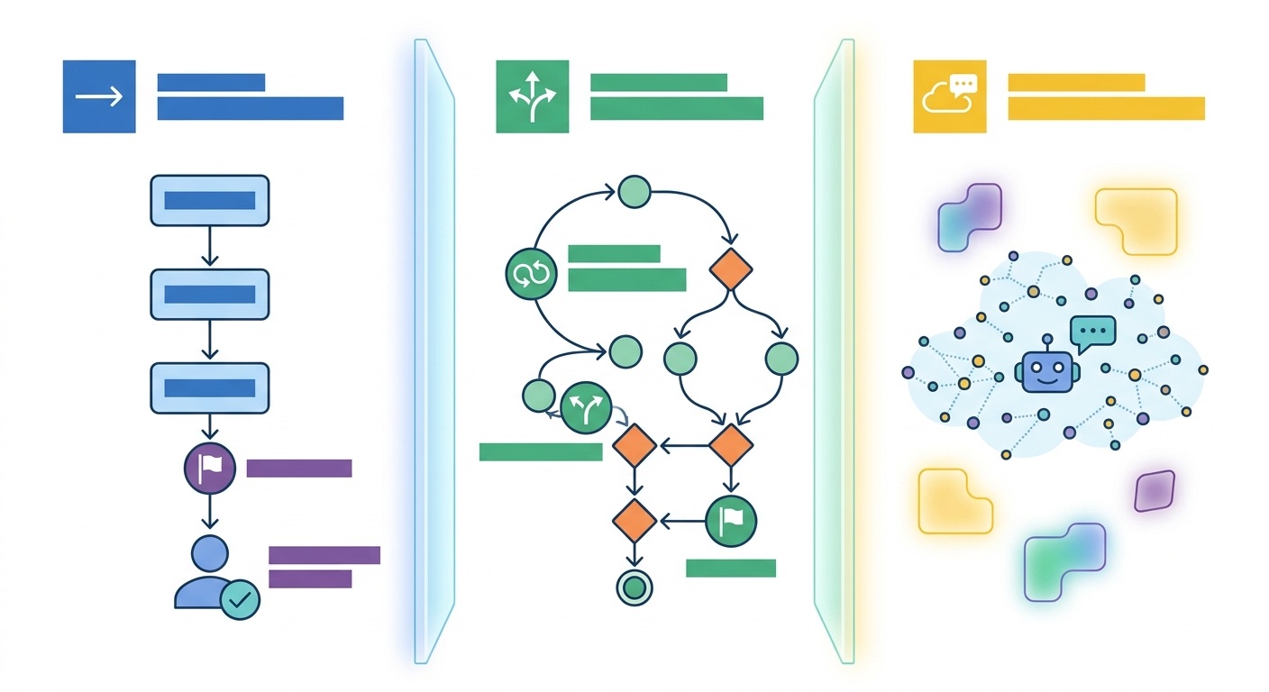 Decision diagram comparing ADK graph workflows, dynamic workflows, collaborative workflows, and autonomous agents