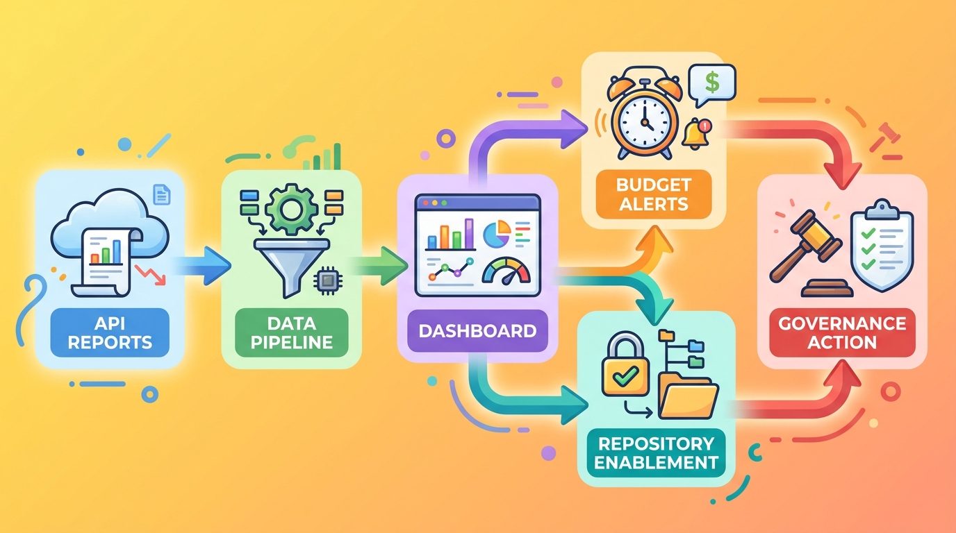 Flow diagram showing GitHub Copilot usage metrics API reports feeding a dashboard, budget review, repository enablement, and policy actions