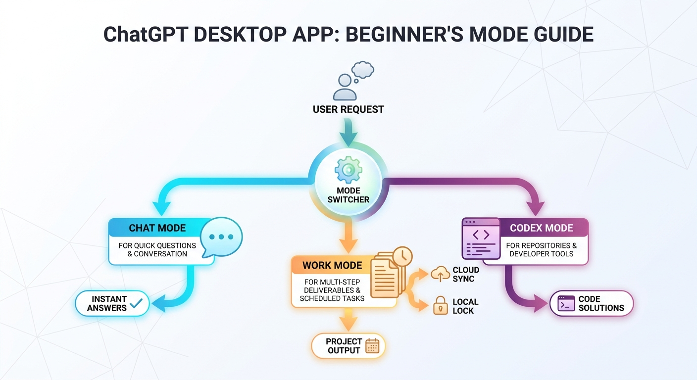 Flow diagram showing when to choose Chat, Work, or Codex in the ChatGPT desktop app