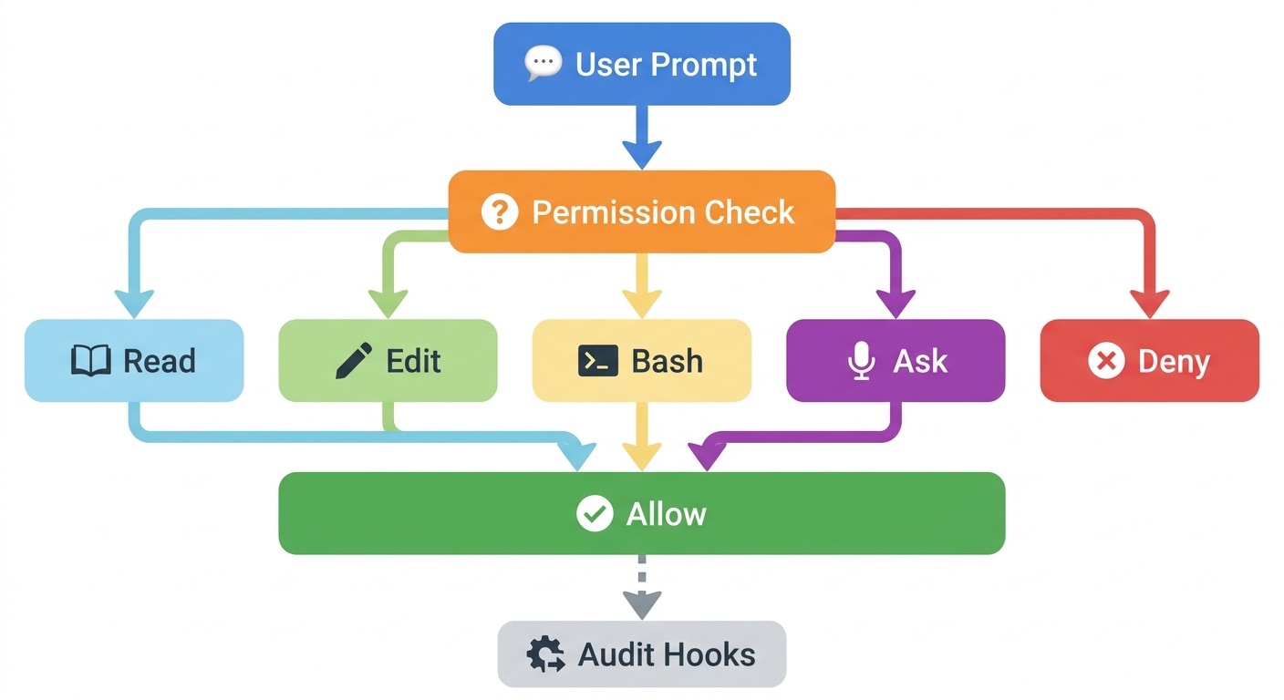 Flow diagram of Claude Code permission decisions across read edit bash ask deny and allow rules