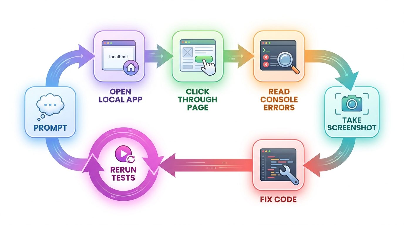 Flow diagram showing prompt, browser validation, console error review, screenshot capture, code fix, and retest steps