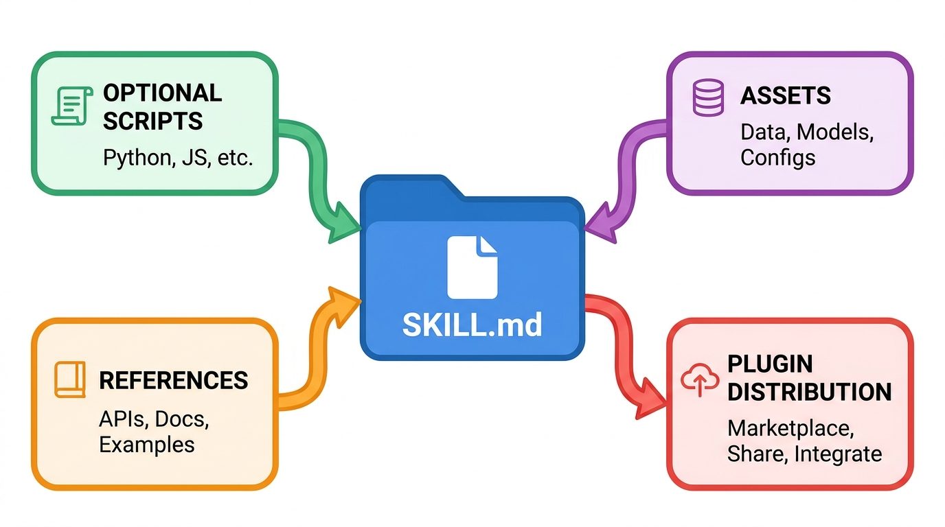 Flow diagram showing the folder structure of an OpenAI Codex Skill with SKILL.md, scripts, references, assets, and plugin distribution