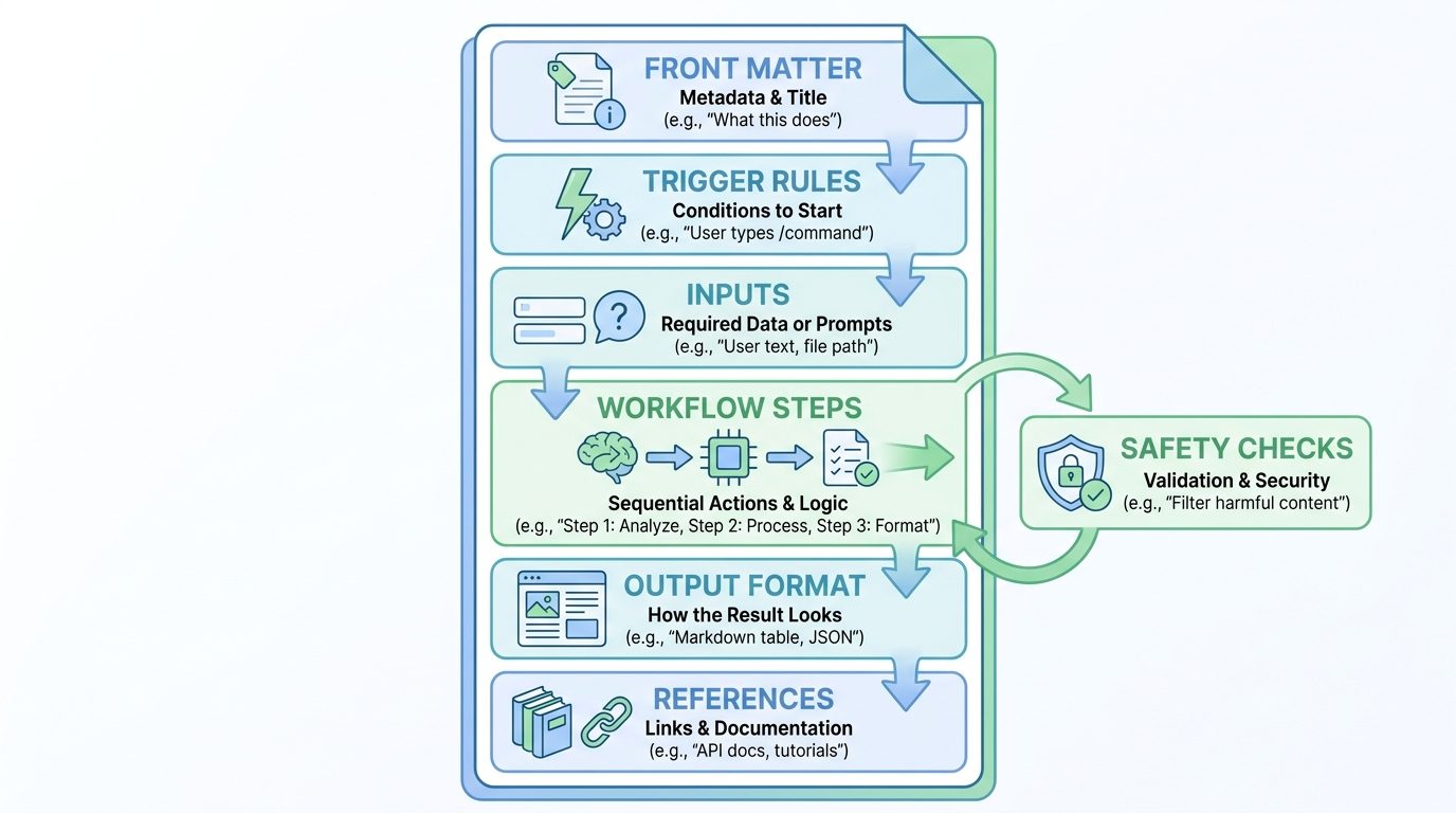 Colorful diagram showing the anatomy of a Codex SKILL.md template with front matter, trigger rules, inputs, workflow, outputs, and safety checks