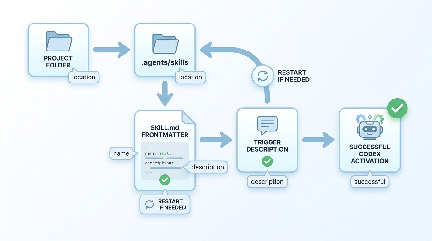 Flow diagram showing Codex skill discovery from project folder to SKILL.md frontmatter, trigger description, and successful activation