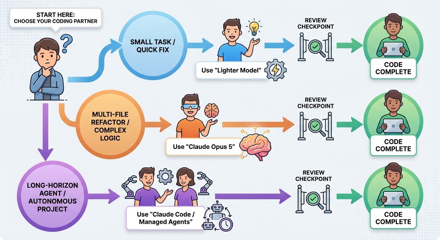 Simple workflow diagram showing when to choose Claude Opus 5, Sonnet, Claude Code, or a managed agent for coding tasks