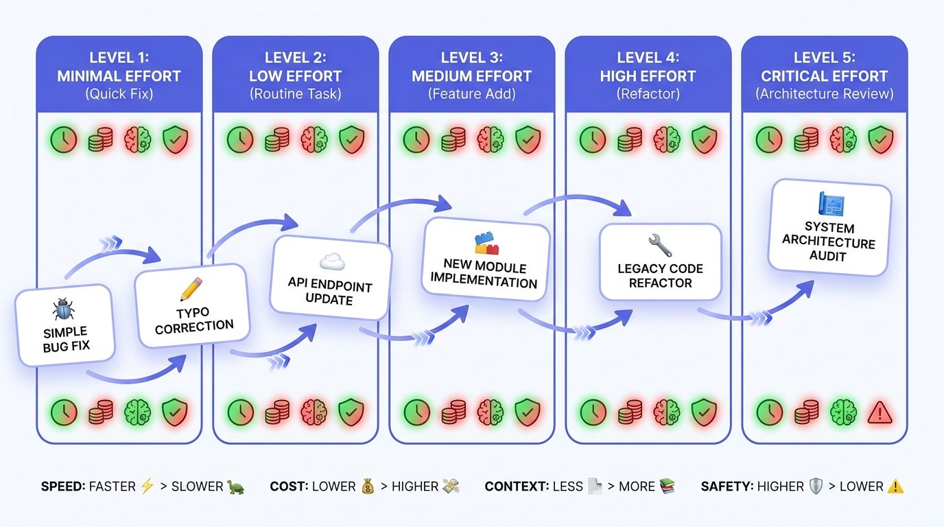 Colorful decision matrix showing Claude Opus 5 effort levels mapped to coding tasks and risk levels