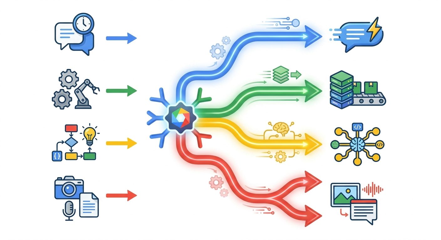 Flow diagram showing how to route Gemini API tasks between Flash-Lite, Gemini 3.6 Flash, and specialized tools