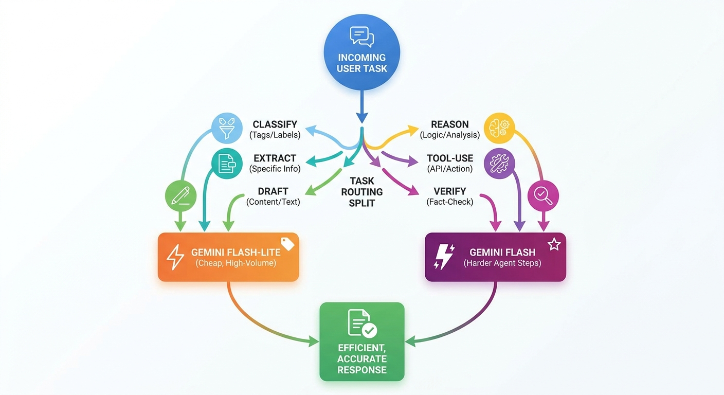 Beginner-friendly flow diagram showing Gemini API tasks routed to Flash-Lite or Gemini Flash based on complexity and risk