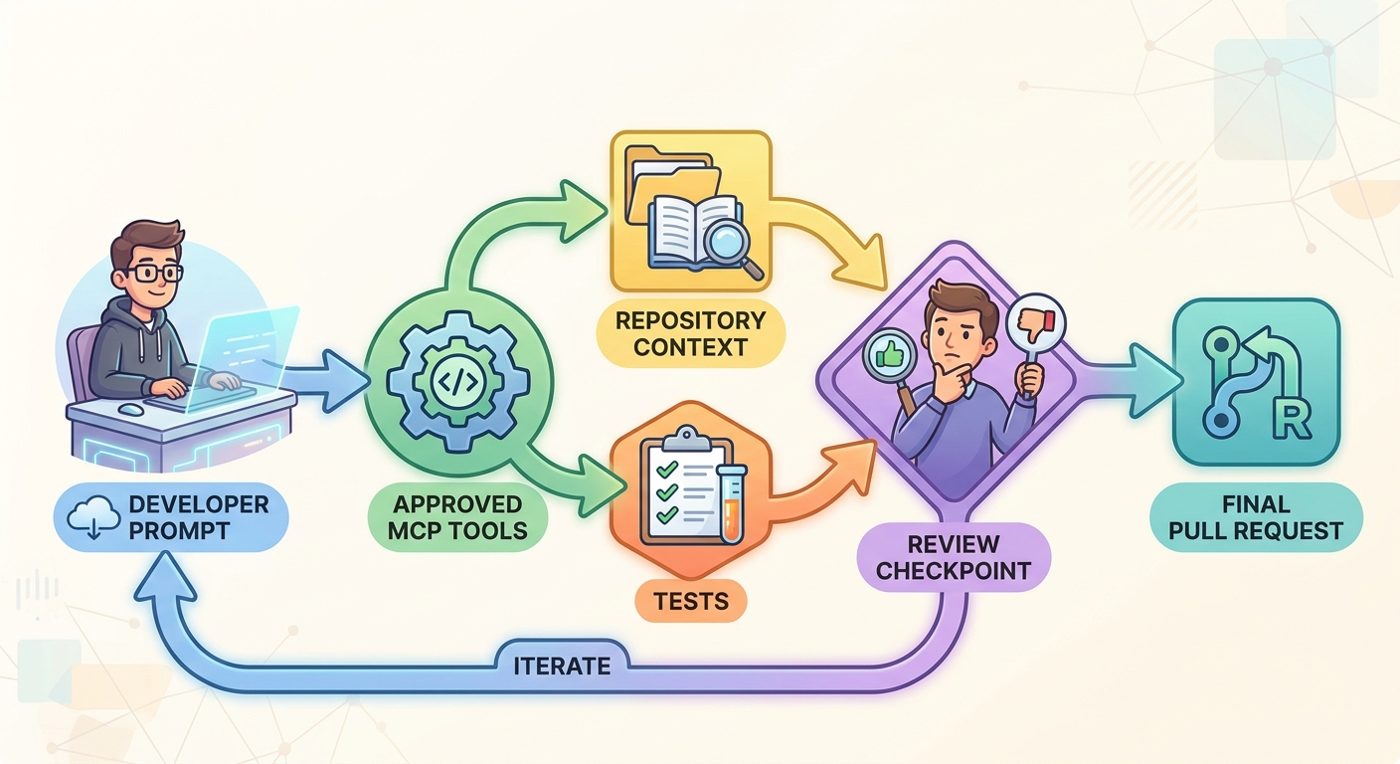 Simple workflow diagram showing a developer prompt, approved MCP tools, repository context, tests, review checkpoint, and final pull request