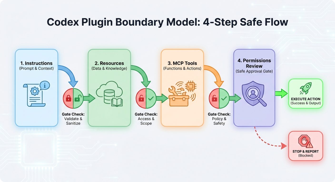 Flow diagram showing Codex plugin boundary layers for instructions, resources, MCP tools, and permissions review