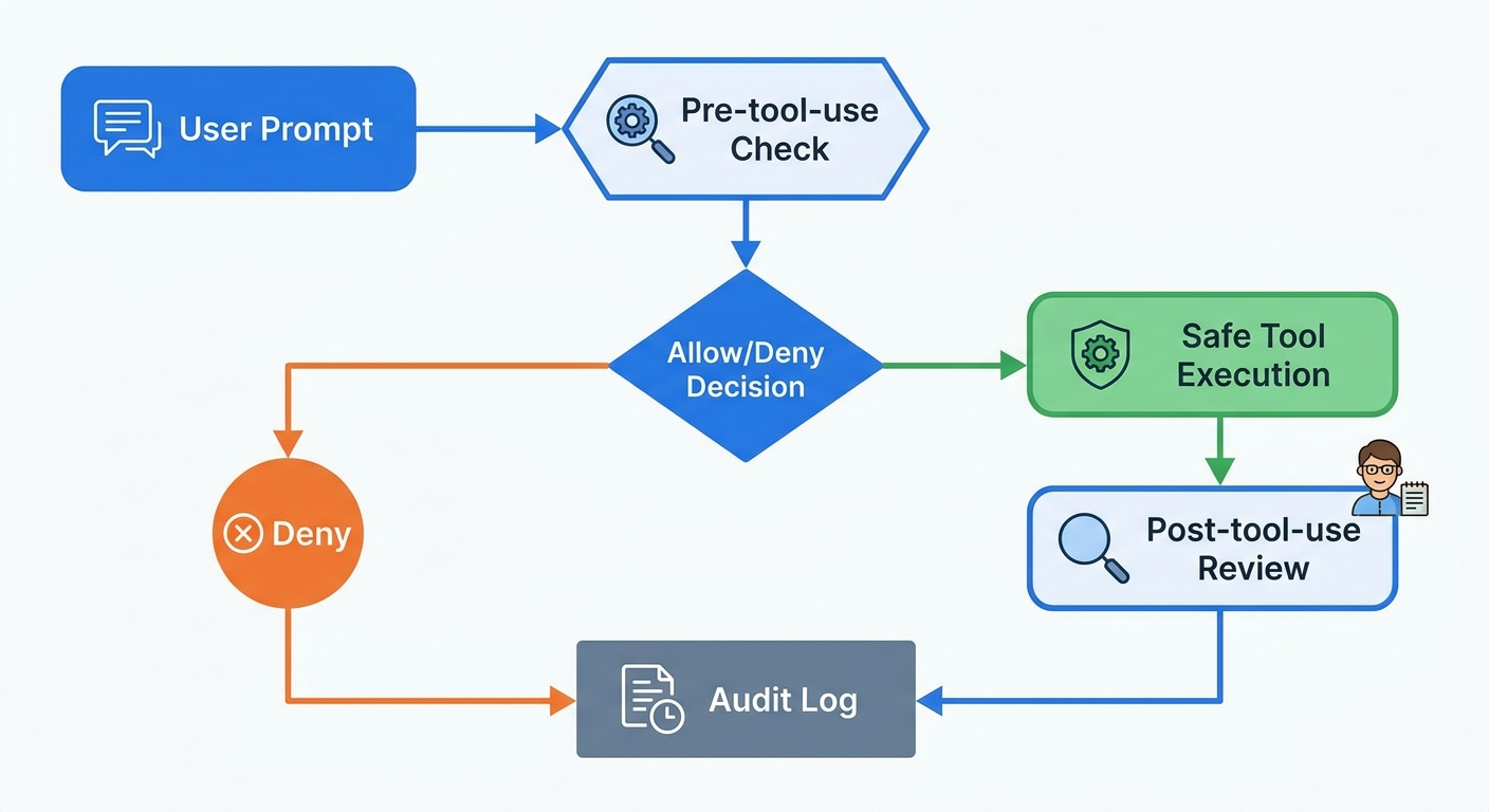 Flow diagram of Claude Code hook lifecycle with pre tool use permission gates, allow deny decisions, execution, review, and logs