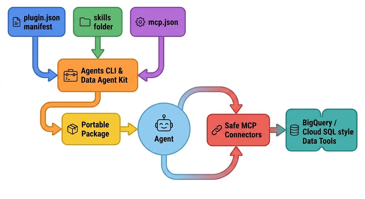 Flow diagram showing Google Agent Plugin architecture with plugin.json, skills folder, mcp.json, Agents CLI, Data Agent Kit, and safe MCP data connectors