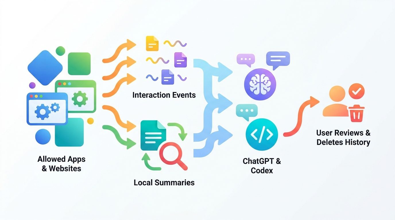 Flow diagram showing allowed app activity becoming local Computer History summaries that ChatGPT and Codex can reference