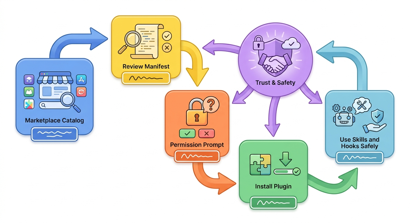 Beginner-friendly flow diagram showing how a Claude Code plugin moves from marketplace review to trusted team workflow