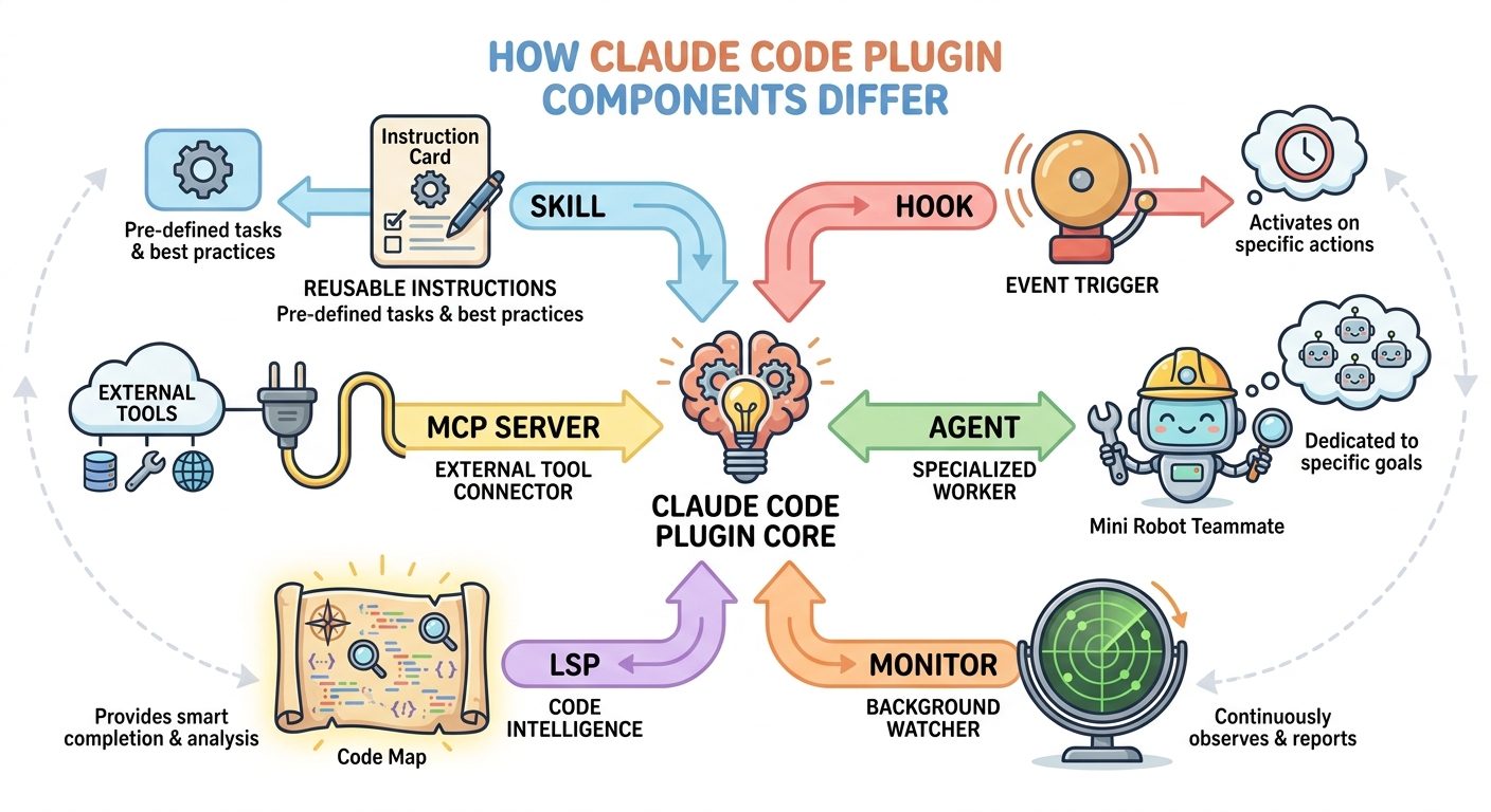 Beginner-friendly diagram explaining Claude Code plugin components as skills hooks MCP servers agents LSP and monitors