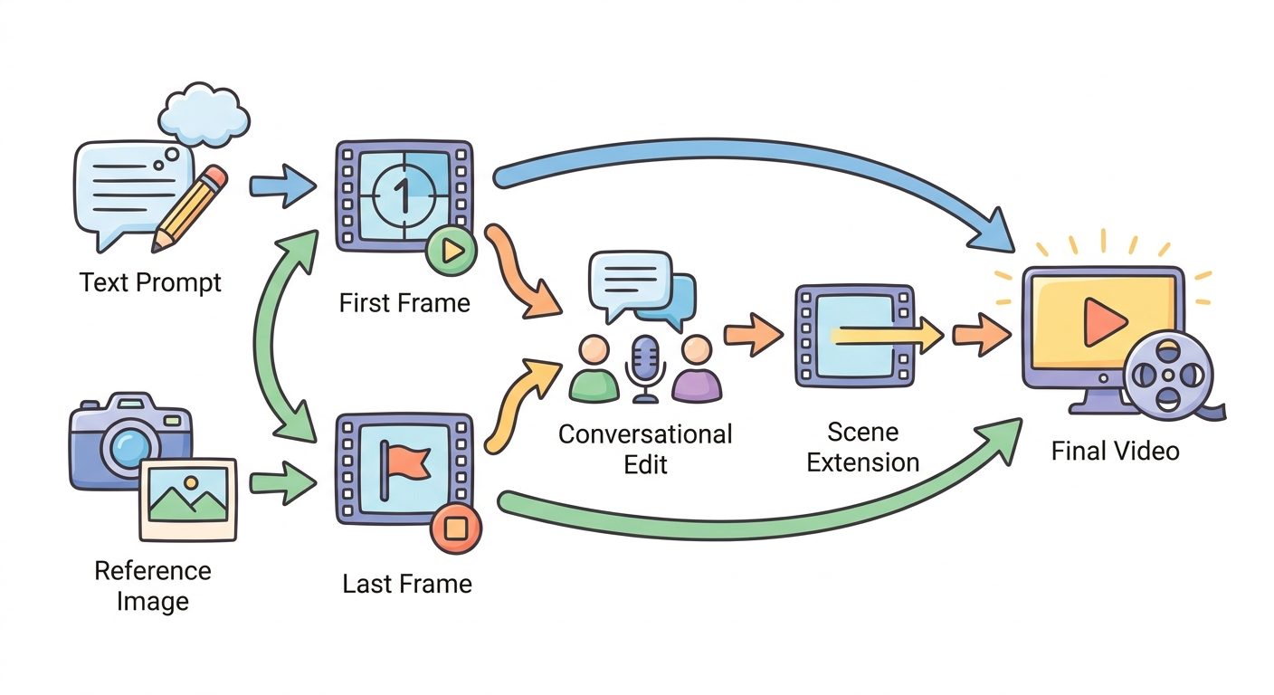 Flow diagram showing Gemini Omni Flash workflow modes for text to video, image to video, interpolation, editing, and scene extension