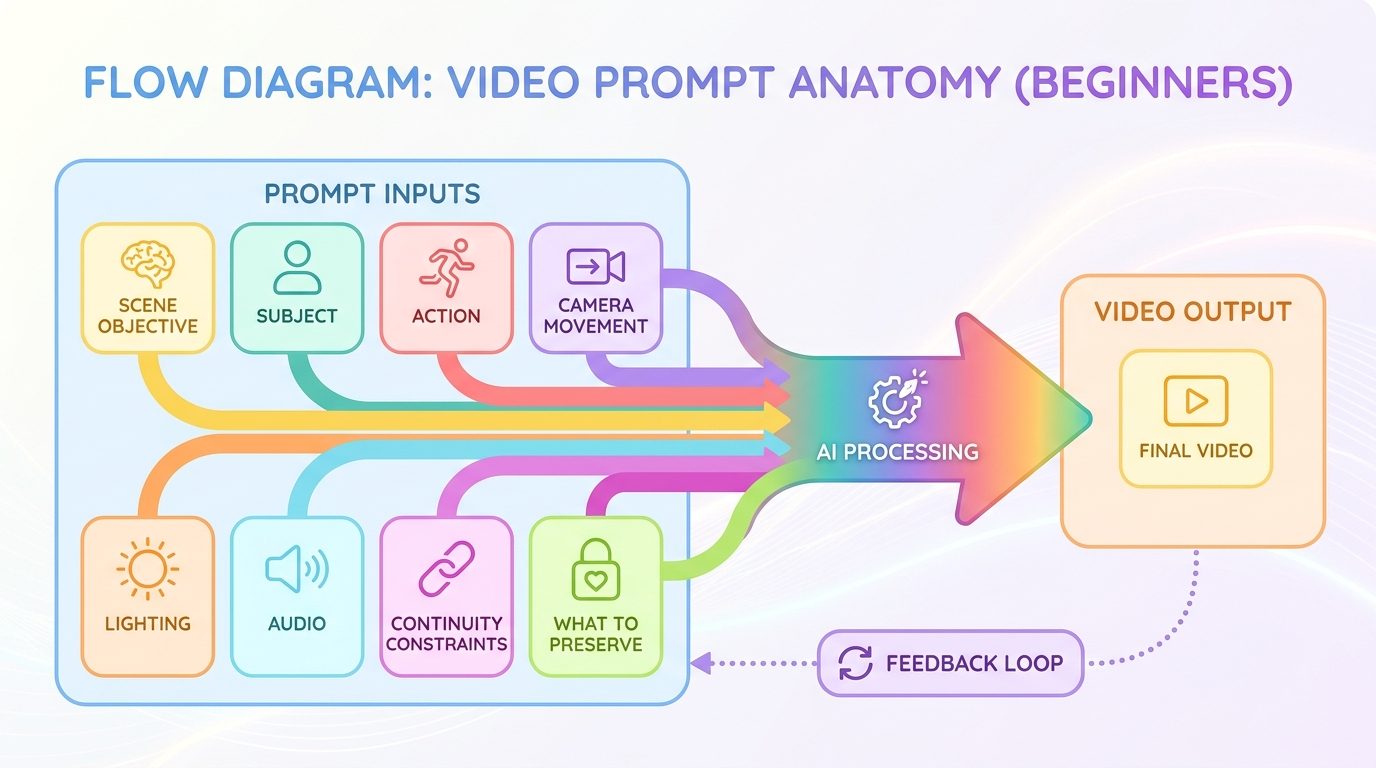 Flow diagram showing the anatomy of a Gemini Omni Flash prompt with scene, subject, action, camera, lighting, audio, and continuity rules