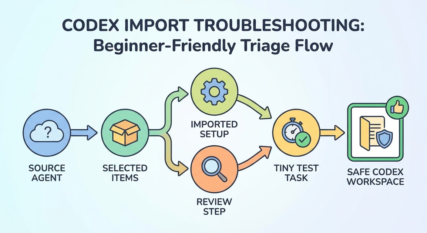 Flow diagram showing Codex import troubleshooting from source agent through selected items review test task and safe workspace