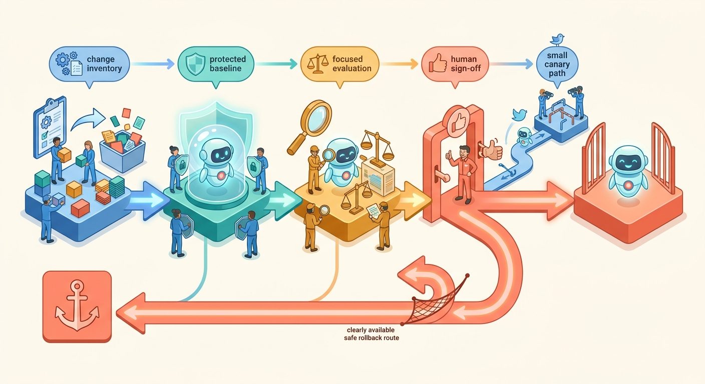 Visual flow showing controlled AI agent change stages from baseline through rollback
