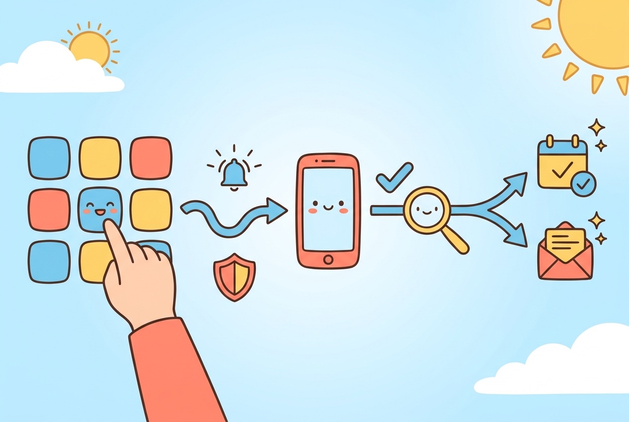 Simple illustrated flow for choosing, testing and reviewing a Gemini Connected App on Android