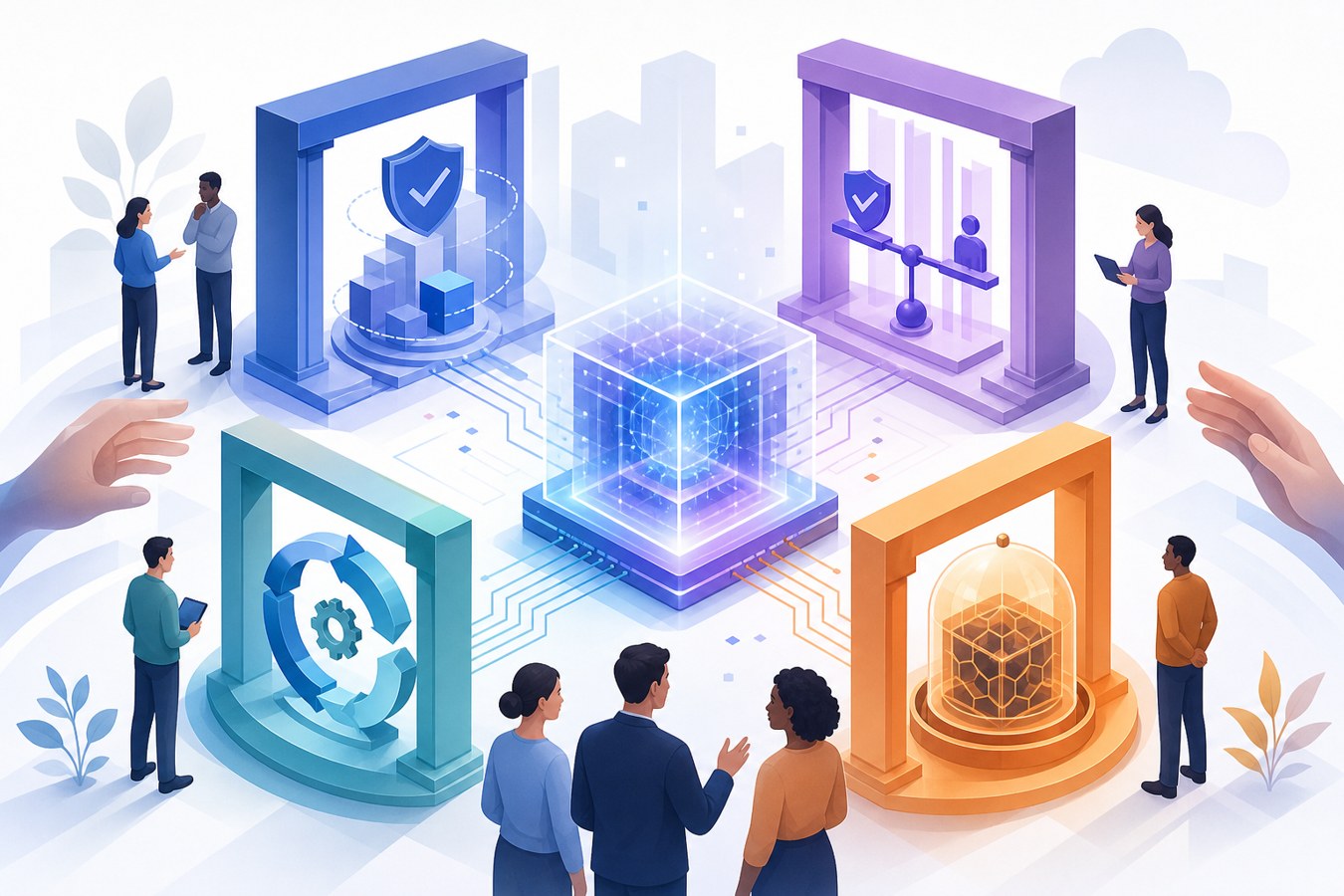 Bright framework comparison illustration showing multiple AI governance pillars around a human-centered AI system