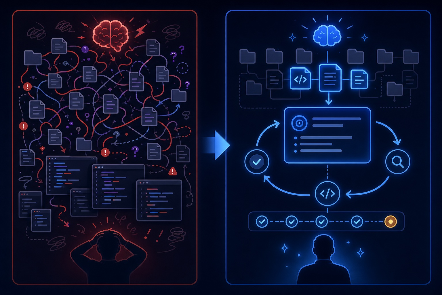 Visual comparison of messy full repository context versus focused Claude Code task workflow