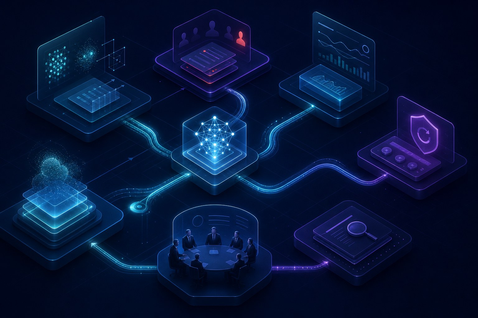 Frontier AI deployment review visual with evaluation evidence, red-team findings, monitoring, rollback, and human governance checkpoints