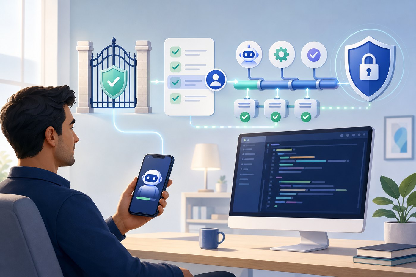 Illustration of a developer supervising a safe Codex remote workflow from a phone