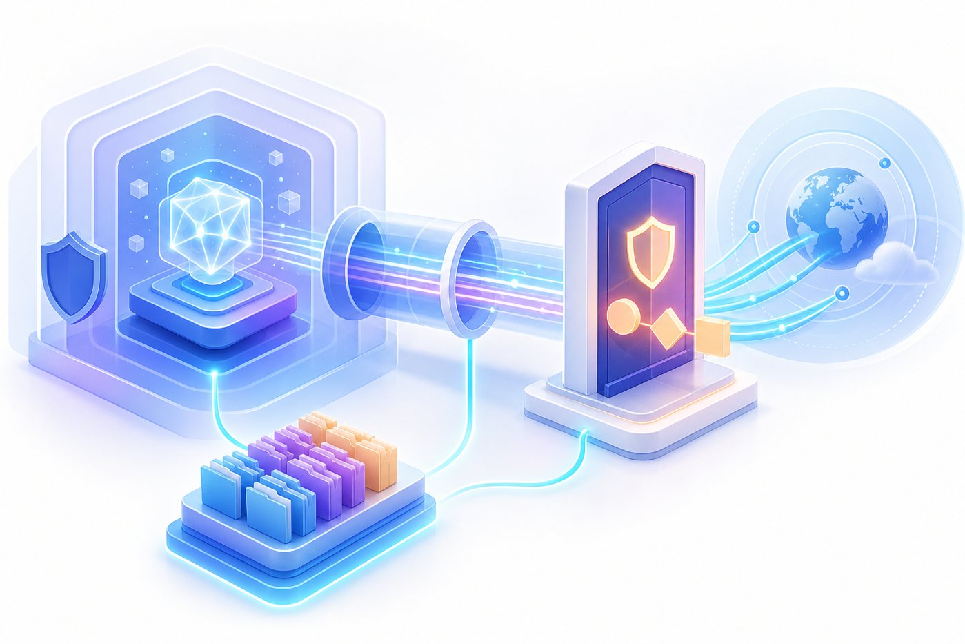 Abstract illustration of a secure sandbox, private tunnel, memory folders, and approval checkpoint for enterprise AI agents