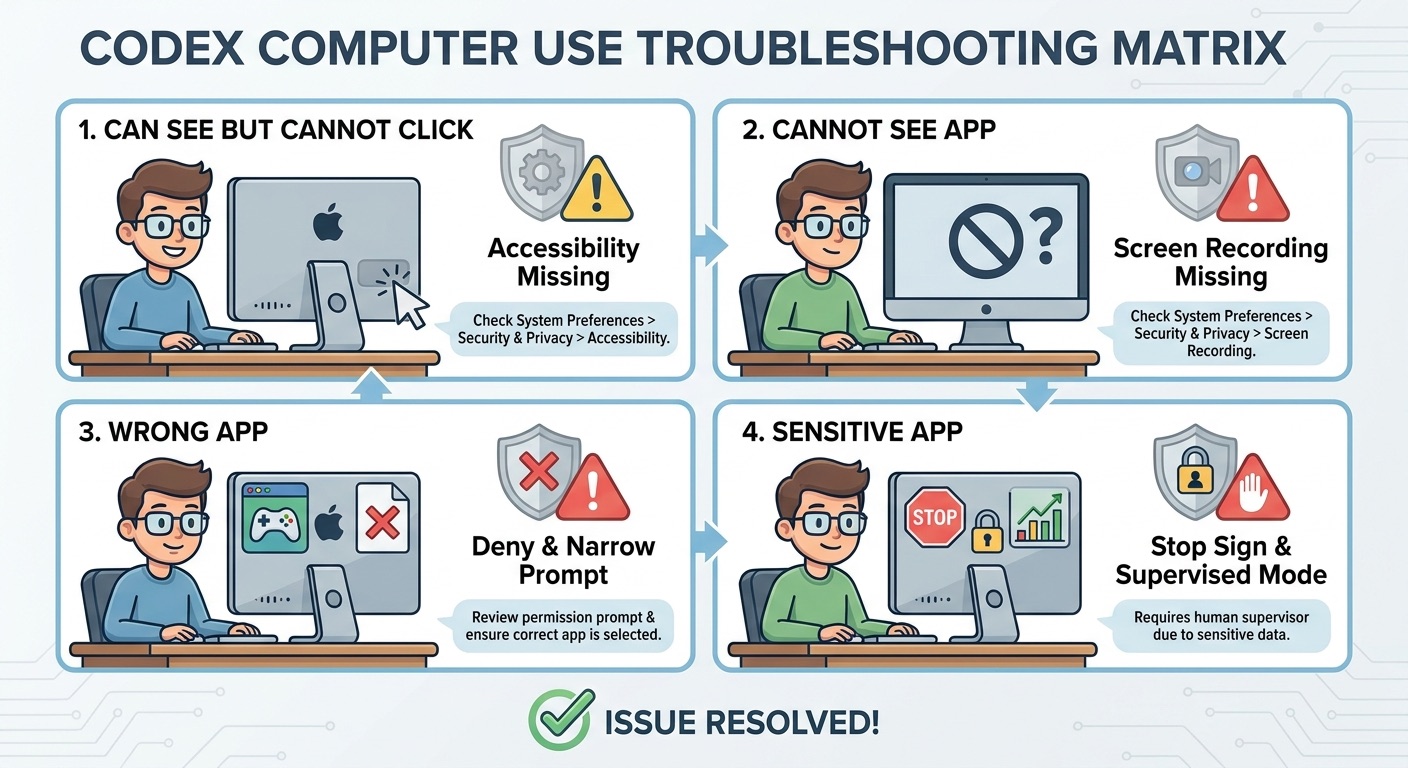 Troubleshooting matrix for Codex Computer Use can see cannot click wrong app and permission revocation