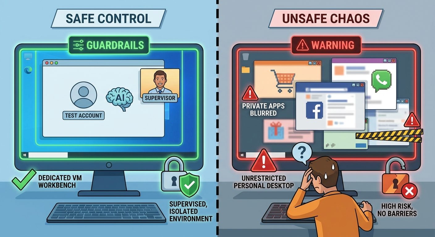 Split screen comparison of safe and unsafe Codex Computer Use workflows on Windows with a VM workbench and blocked sensitive apps