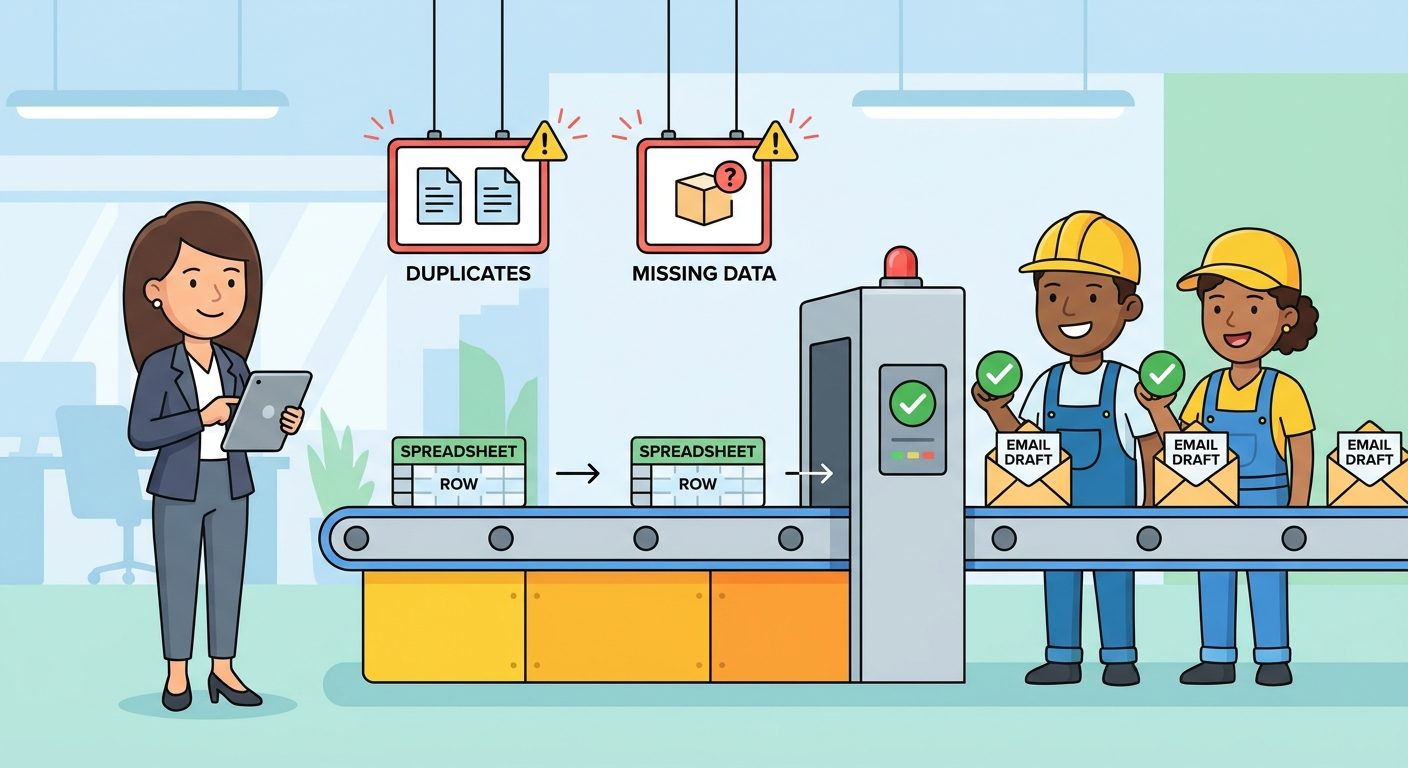 Cartoon operations manager reviewing spreadsheet automation drafts at a human approval gate