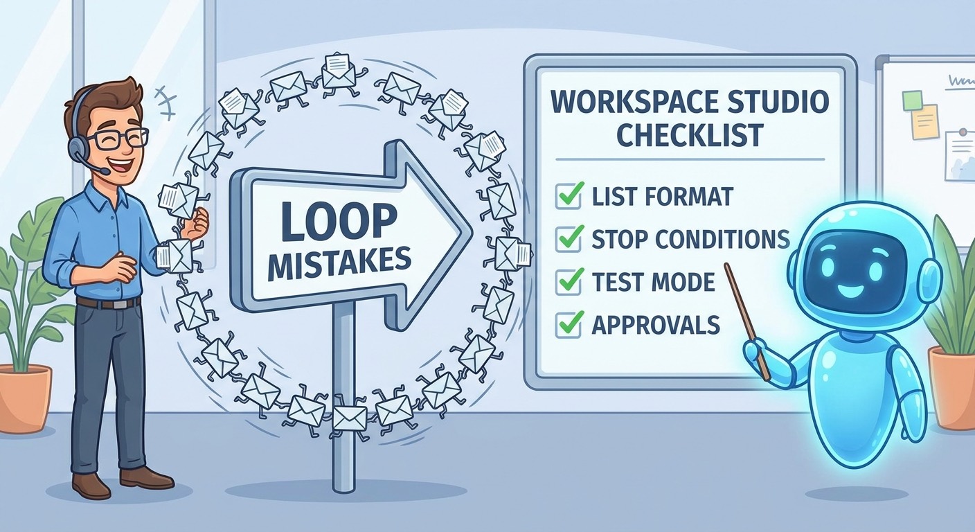 Cartoon showing duplicated email loop mistakes in Workspace Studio approval workflows