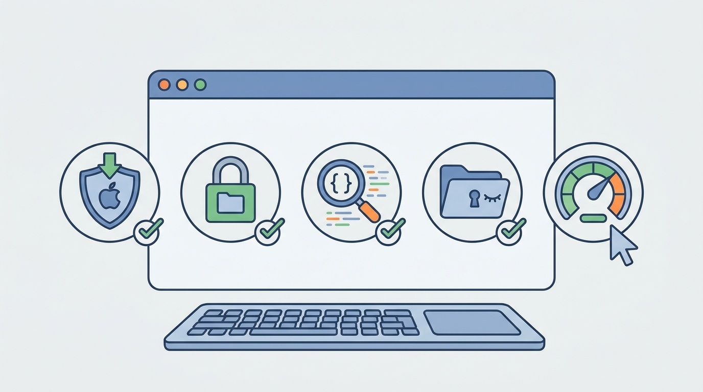Checklist illustration for safe private local AI workflows on a Mac using Gemma 4 and Google AI Edge
