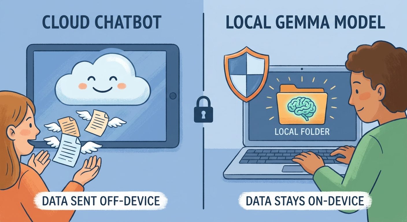 Split screen comparing cloud chatbot document upload with local Gemma model on laptop protected by privacy shield