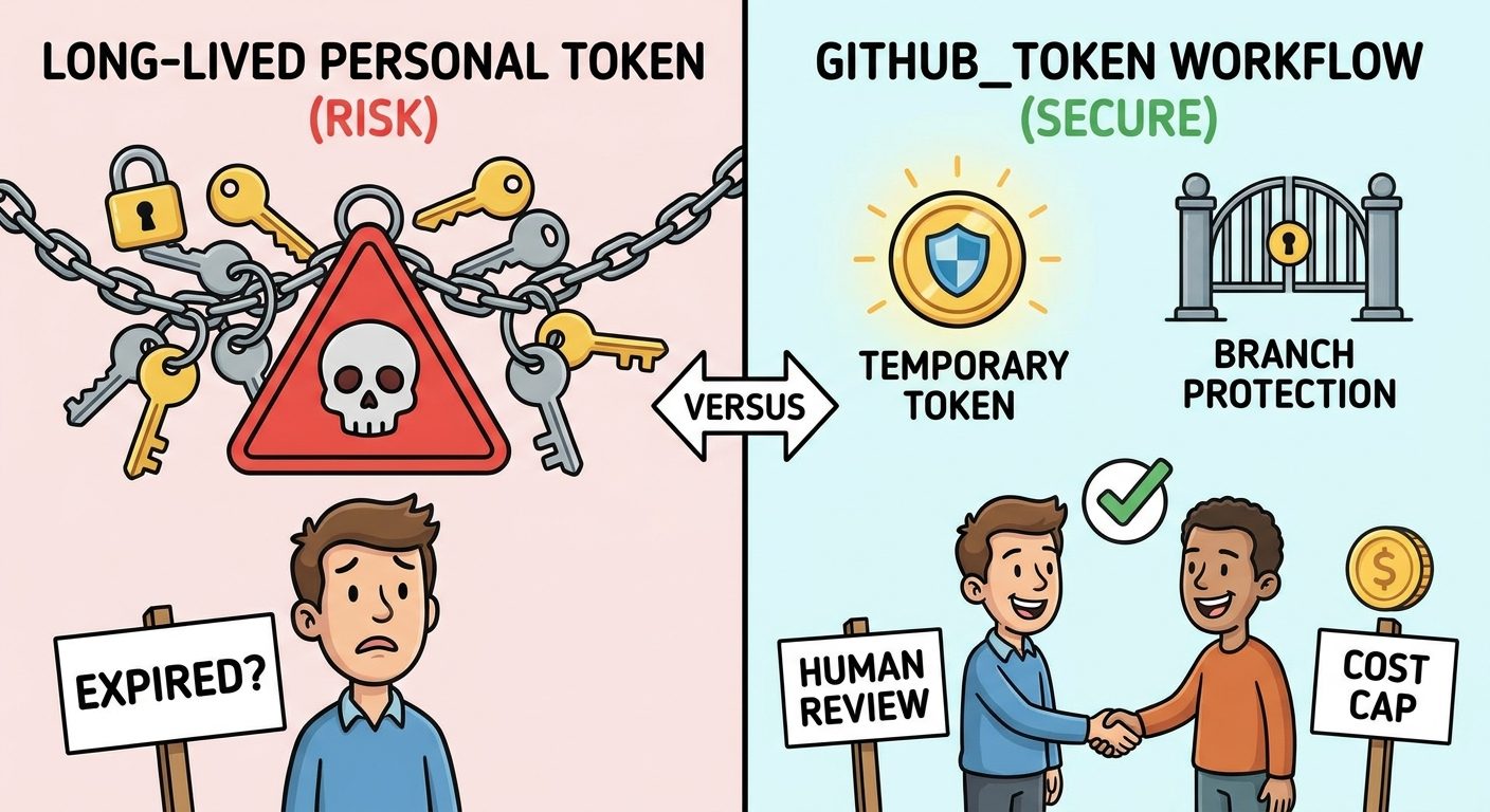 Split-screen comparison of personal access token risk and safer GITHUB_TOKEN workflow with least privilege and cost caps