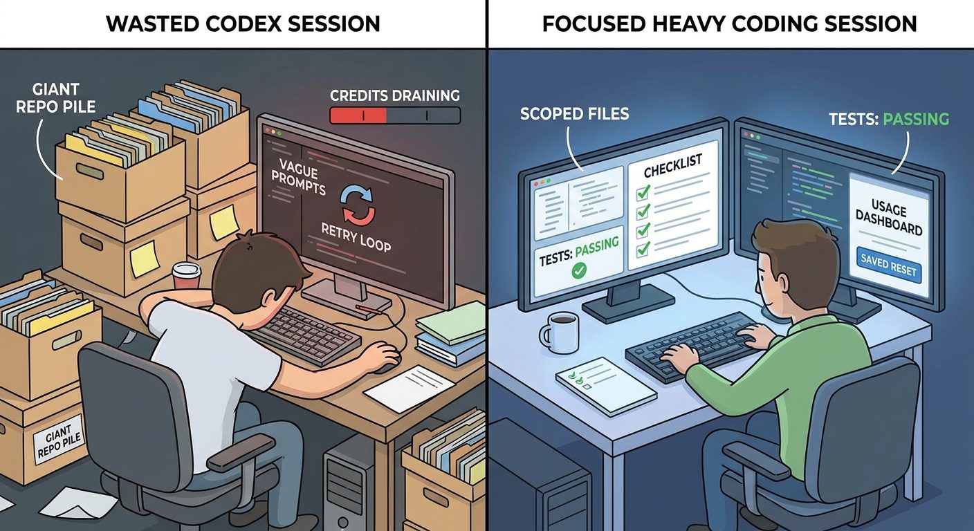 Split-screen illustration showing wasted Codex usage versus a focused heavy coding session with scoped files and tests