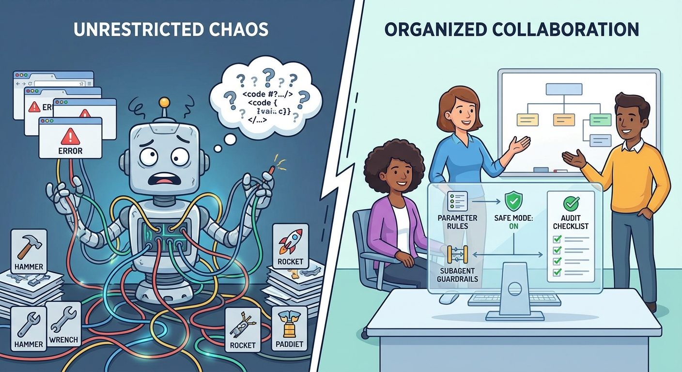 Split-screen illustration comparing unrestricted Claude Code agents with safer parameter-based permission guardrails