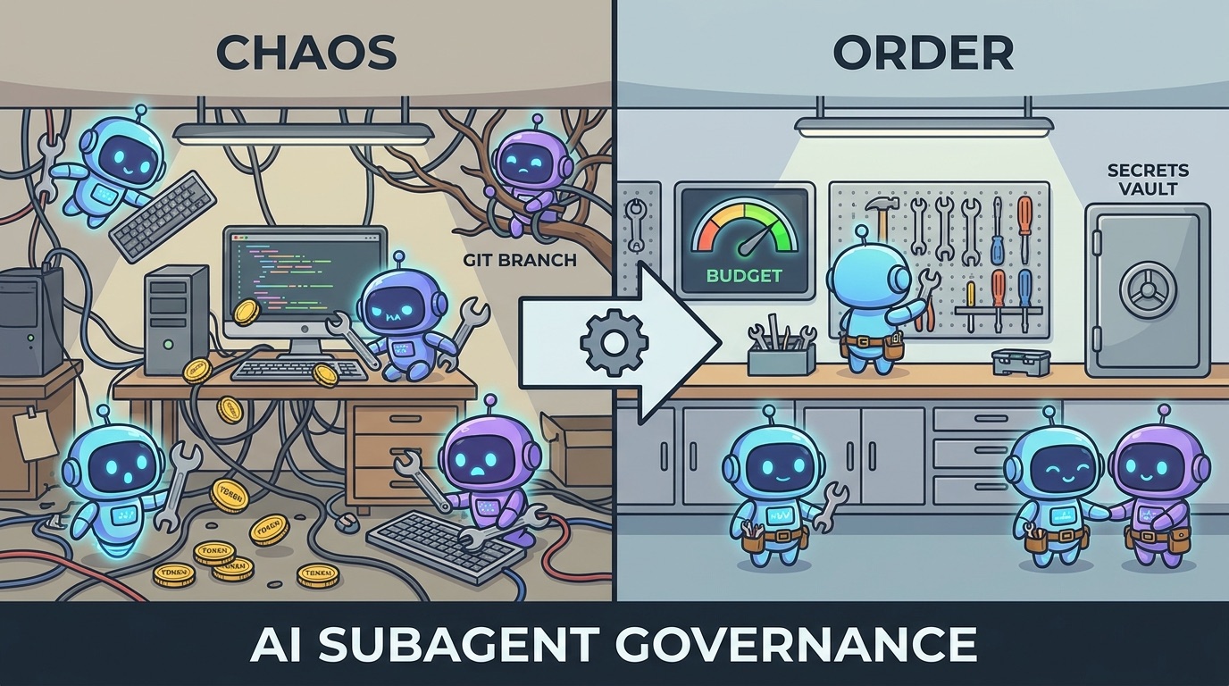 Split screen showing chaotic ungoverned AI subagents versus organized Claude Code subagents with roles budget and safety gates
