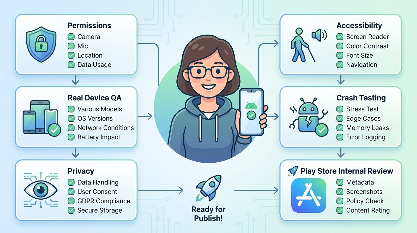 Checklist illustration for testing a vibe-coded Android app before publishing, including permissions, real devices, privacy, accessibility, and Play Store review