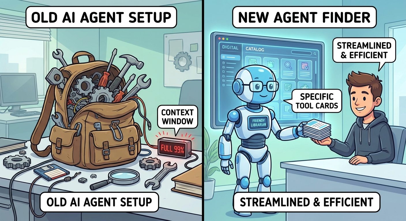 Split-screen cartoon comparing bloated AI agent setup with every tool preloaded versus Agent Finder selecting exactly the right catalog resources