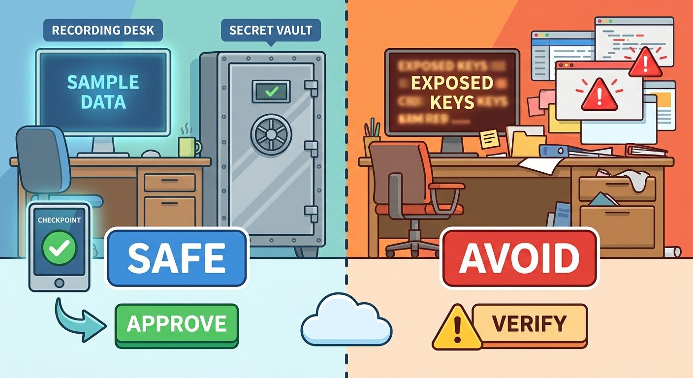 Safety checklist illustration for Codex Record and Replay showing secrets blocked, clean workspace, sample data, approval checkpoint, and verification
