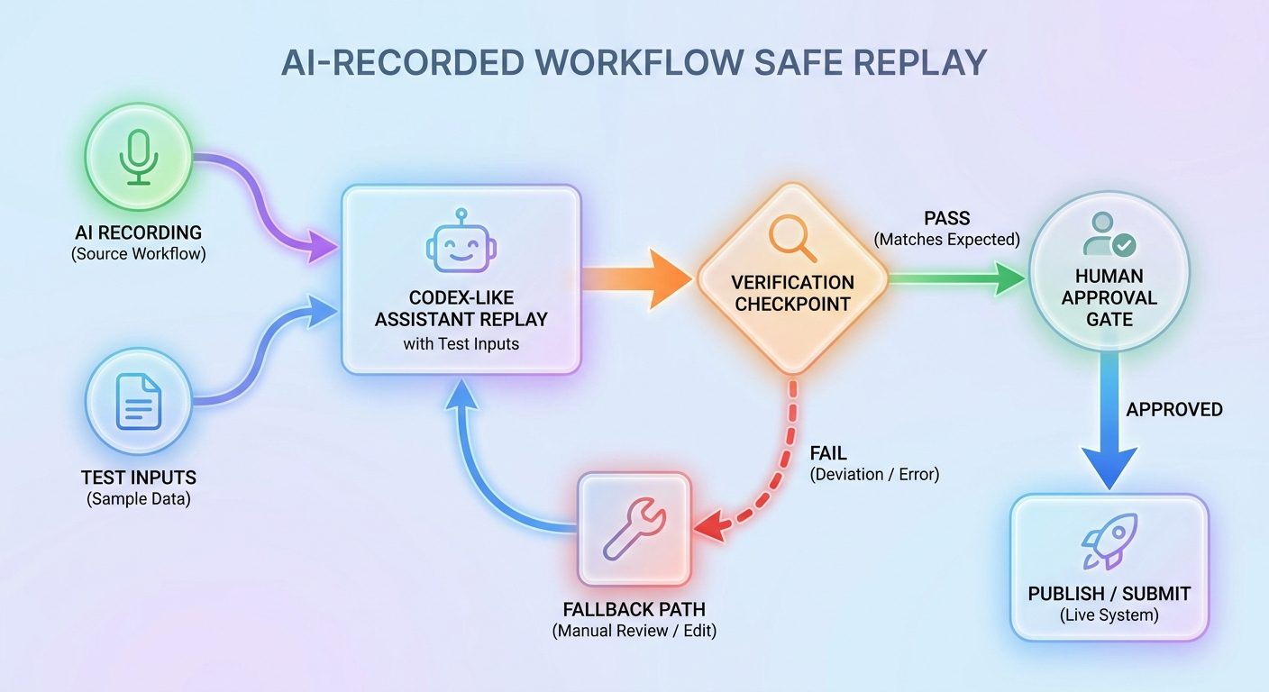 Colorful flow diagram showing Codex replaying a recorded skill with test inputs, verification, fallback steps, and human approval gates