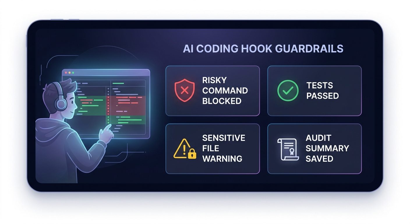 SaaS-style security dashboard showing Claude Code hooks blocking risky commands, logging safe events, and guiding developers through review gates