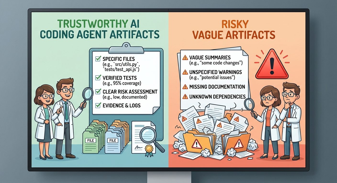 Split-screen checklist comparing trustworthy Google Antigravity Artifacts with risky vague AI coding agent artifacts