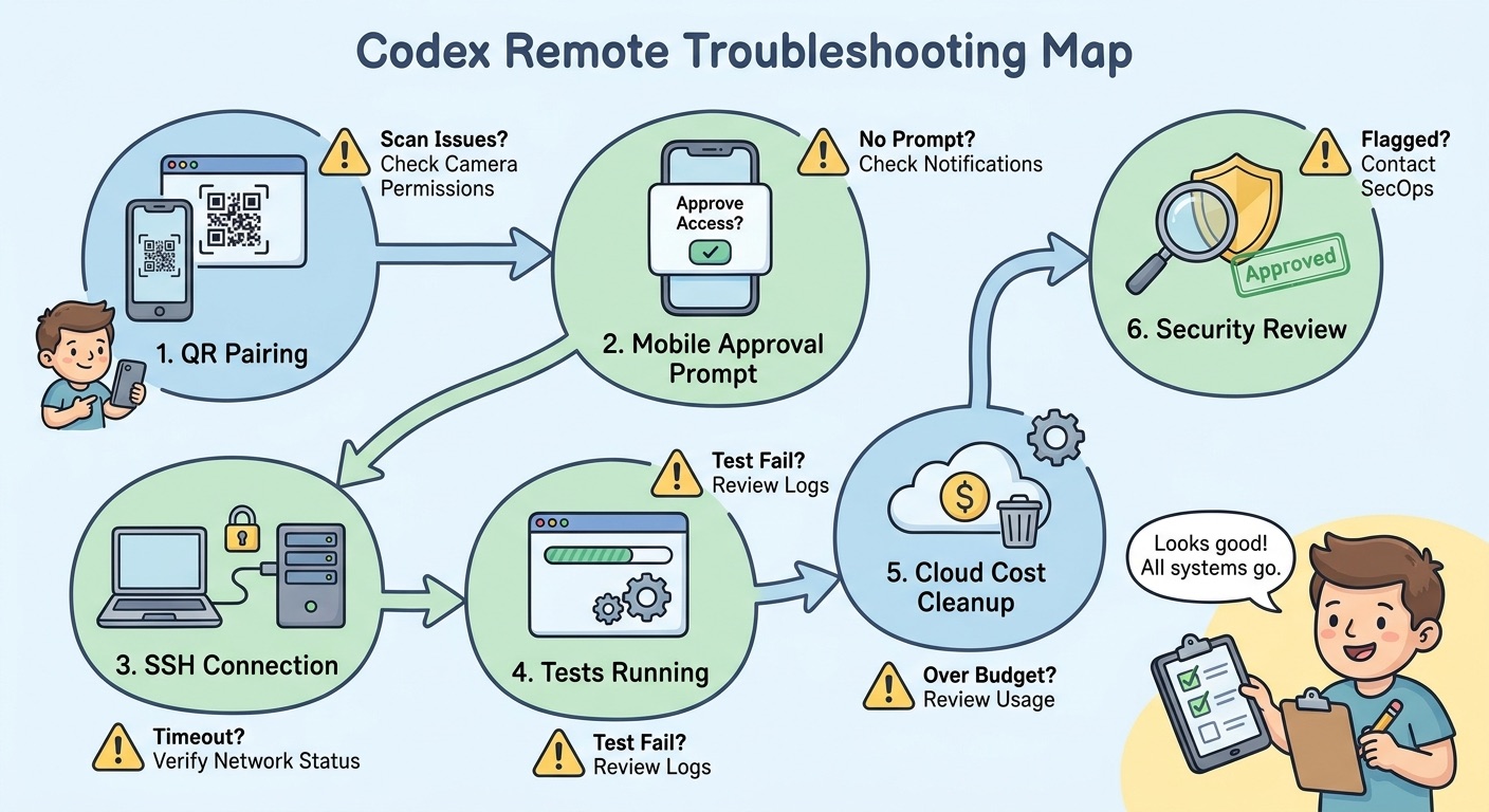 Visual troubleshooting map for Codex Remote pairing, phone approvals, cloud workspace setup, SSH, tests, and cleanup
