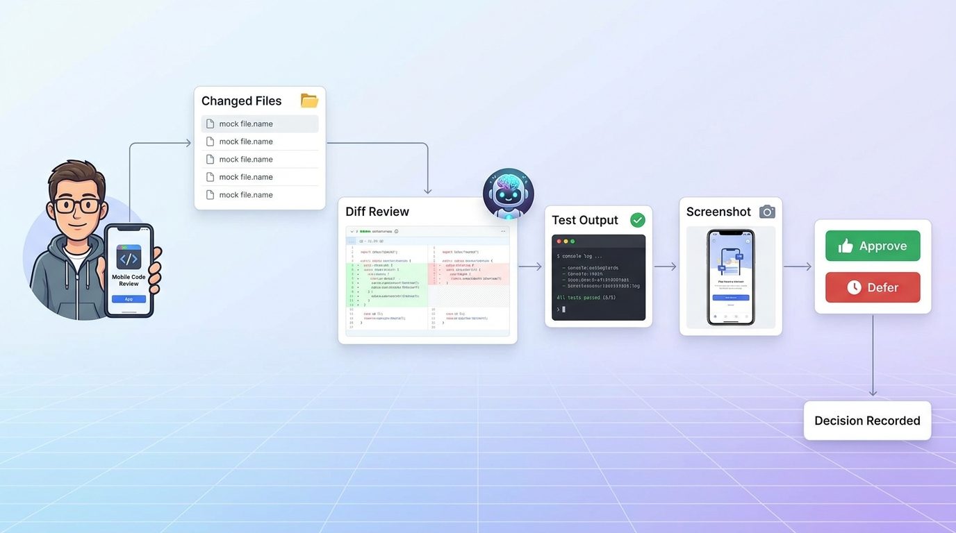 SaaS-style mobile code review workflow showing changed files, test output, screenshots, and approve or defer decision points