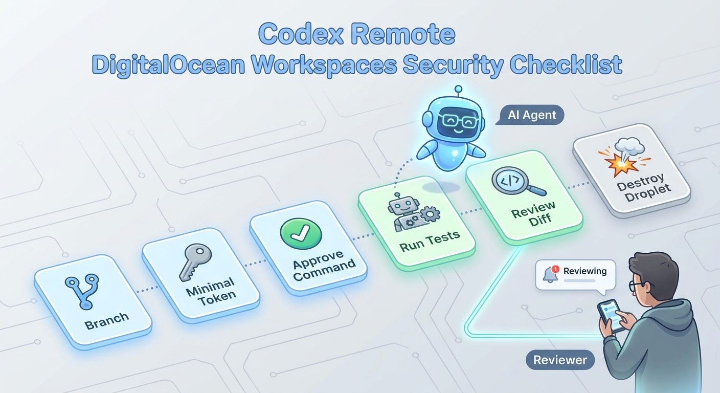 Security checklist illustration for Codex Remote DigitalOcean workspaces with branches, temporary secrets, approvals, tests, logs, and cleanup
